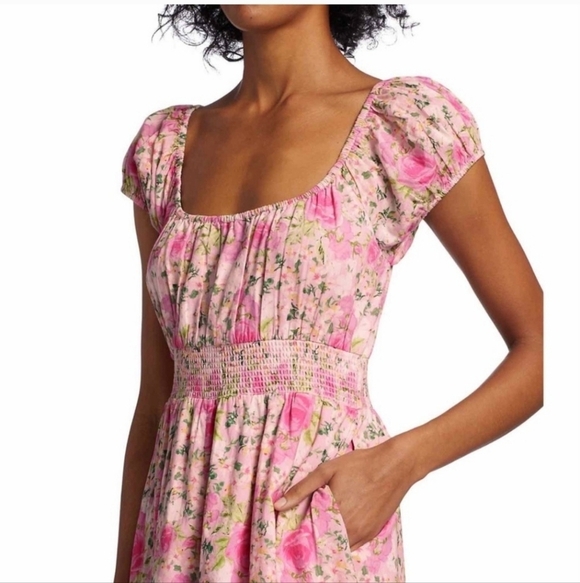 LoveShackFancy Vernon Dress Magenta Flower Fields Pink Midi Small Puff Sleeves - Picture 2 of 12